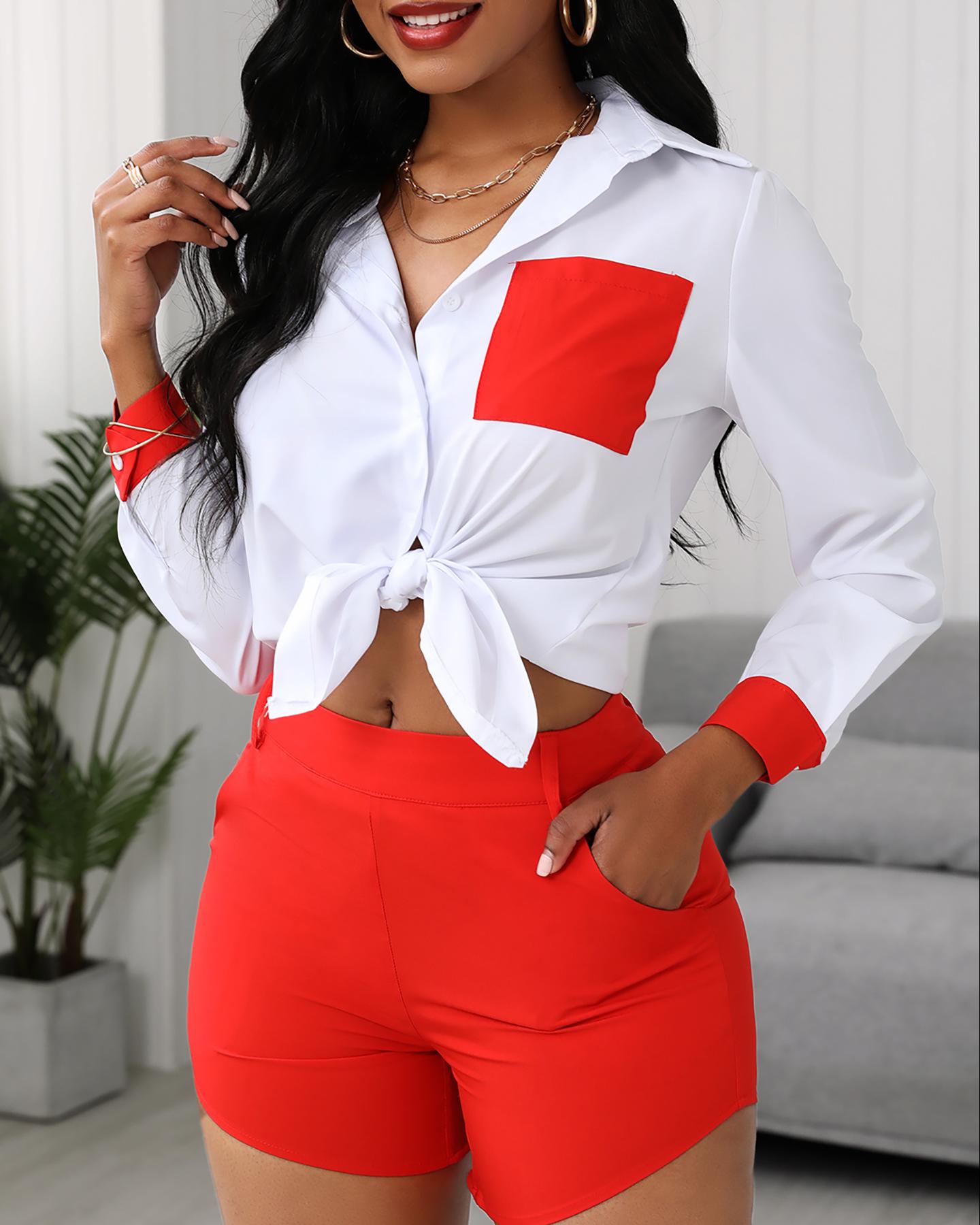 

Colorblock Tie Front Shirt & Pocket Design Plain Shorts Set, Red