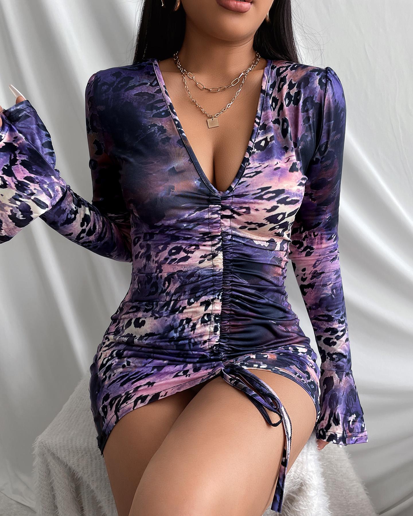 

Leopard Tie Dye Print Flared Sleeve Ruched Bodycon Dress, Purple