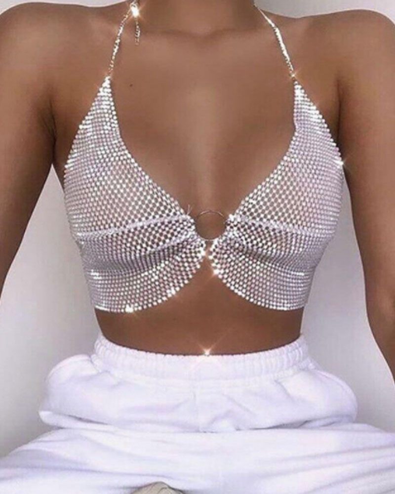 

1pc O-Ring Link Rhinestone Sequin Body Chain, White