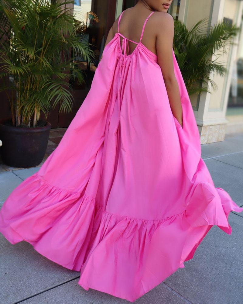 

Ruched Ruffles Tied Detail Cutout Back Casual Maxi Dress, Pink