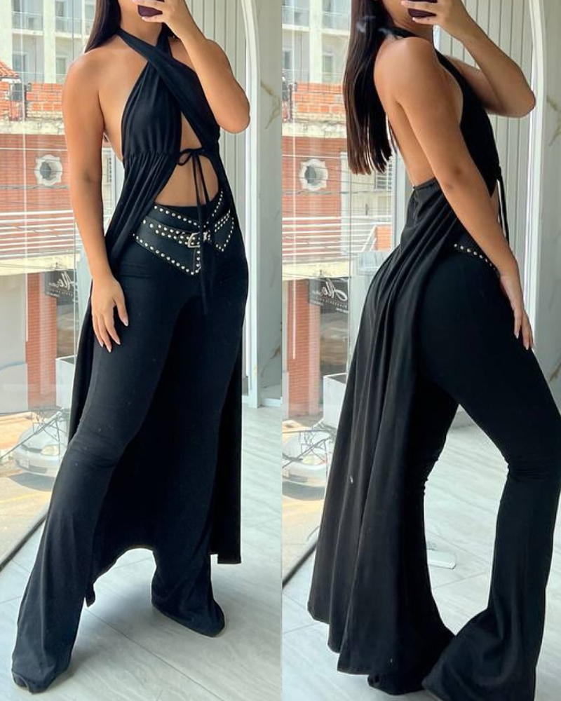 

Estampa de leopardo Halter V Neck Slit Cover Up Sexy Cordão Costas Oco Top, Black