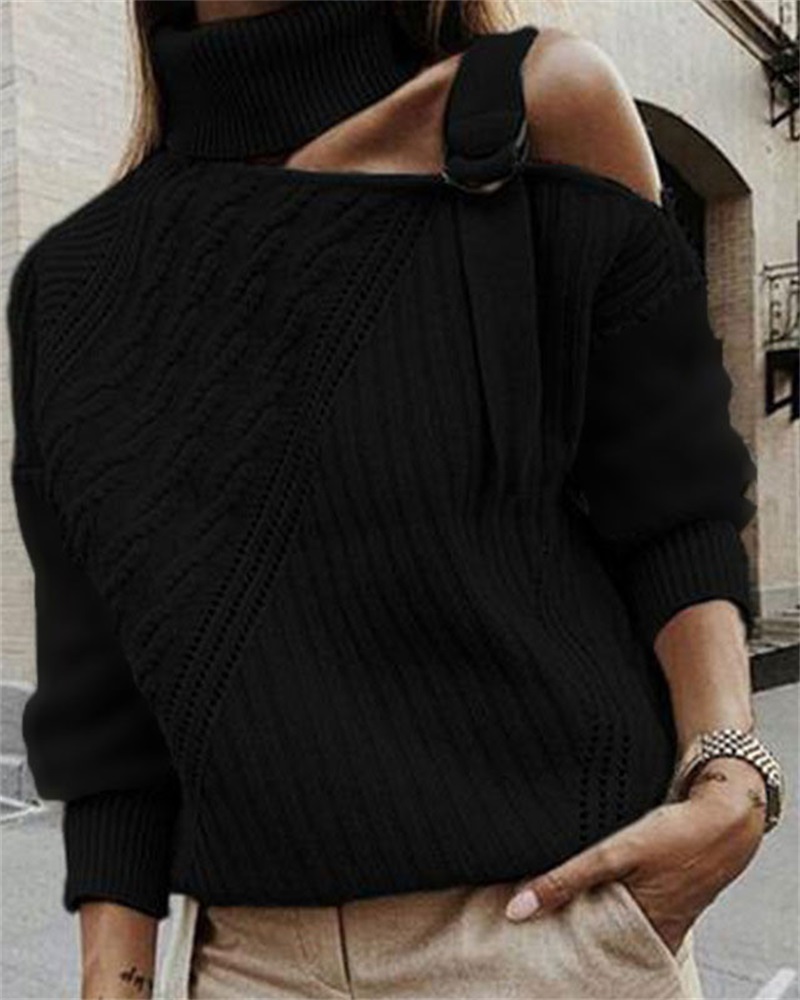 

Plus Size O-Ring Cold Shoulder Cable Knit Sweater, Black