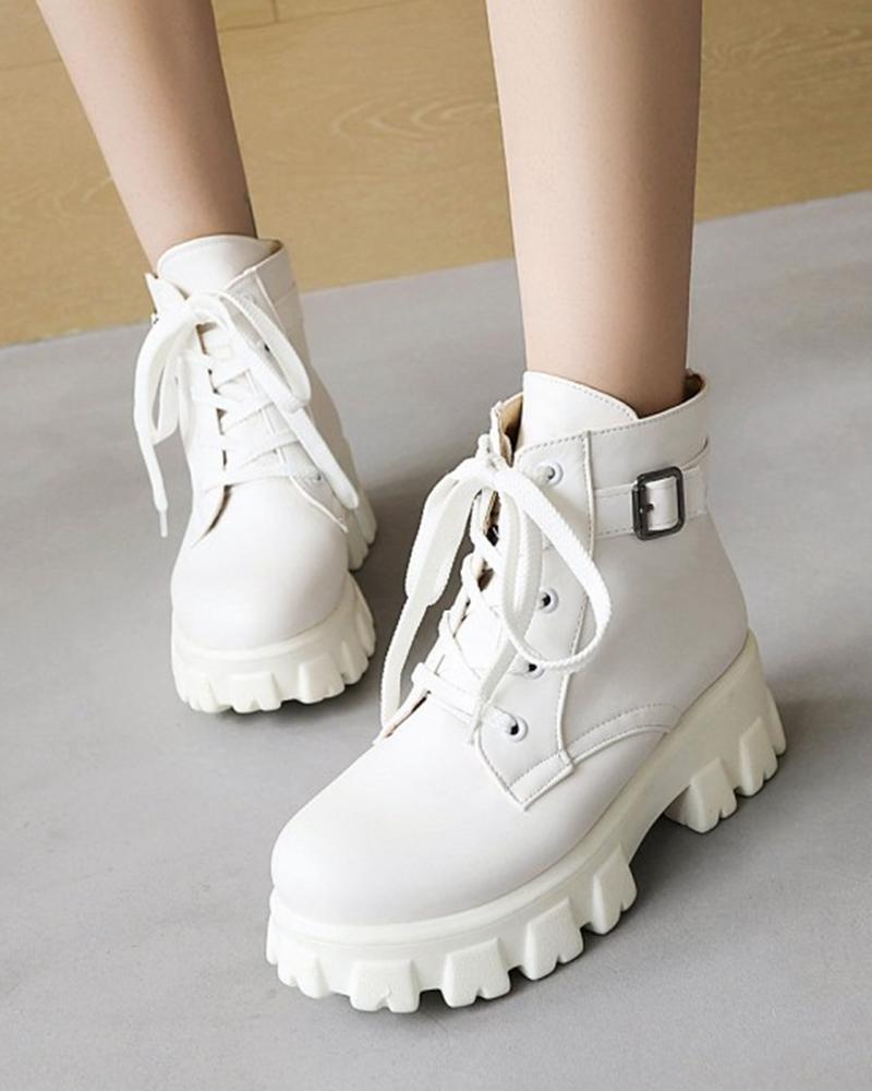 

Round-toe Solid Color PU Leather Lace-up Biker Boots, White