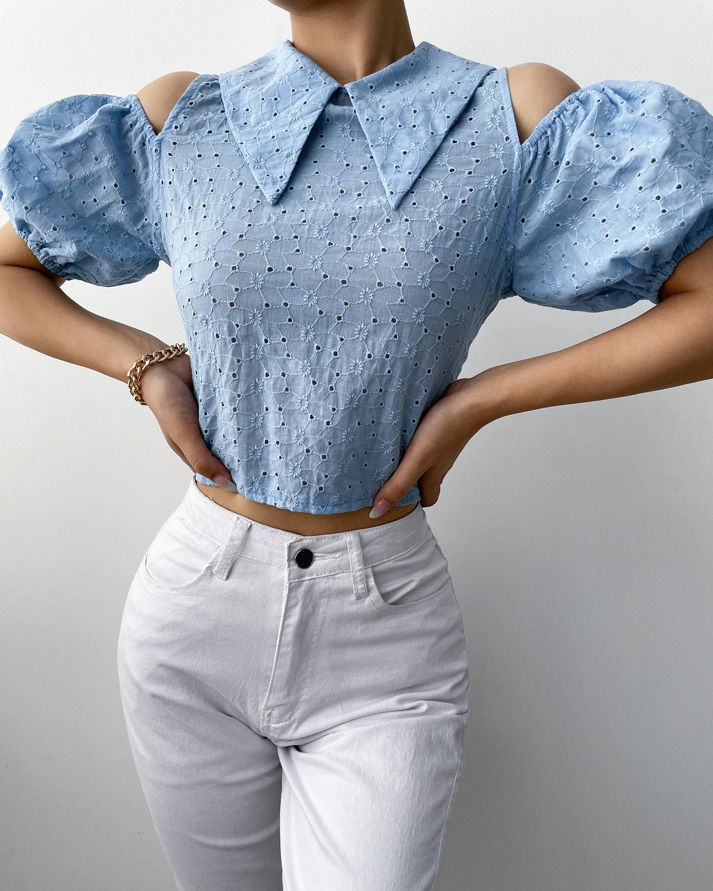 

Cold Shoulder Eyelet Embroidery Puff Sleeve Top, Blue