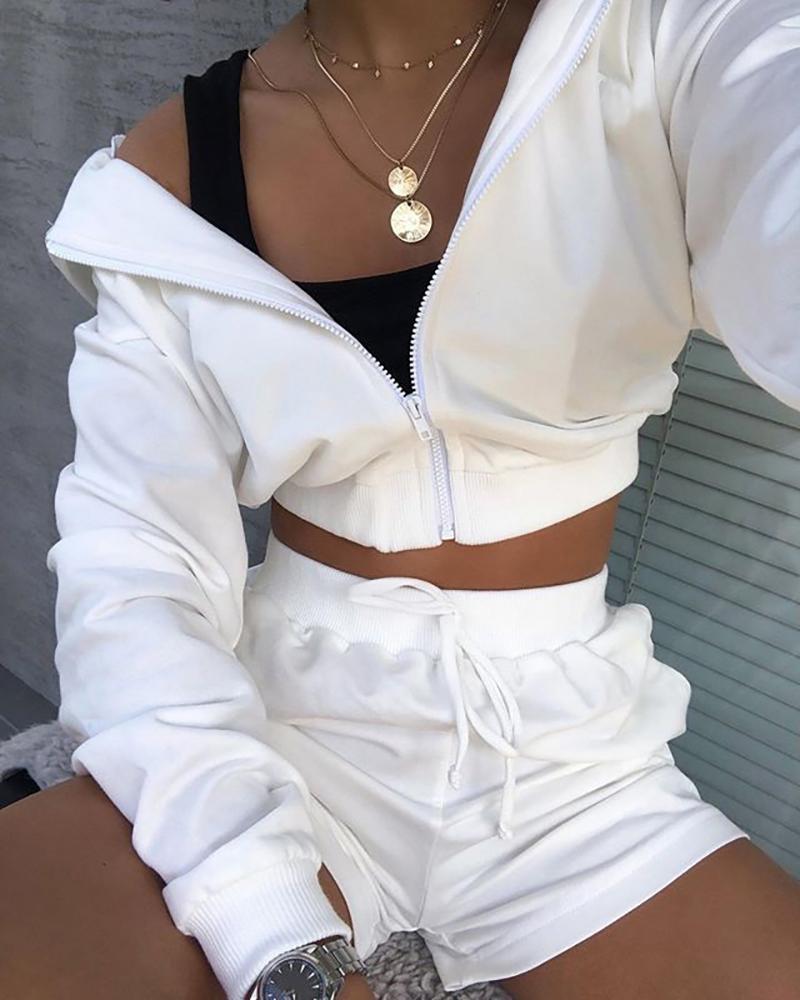 

Zipper Design Hooded Crop Top & Drawstring Shorts Set, White
