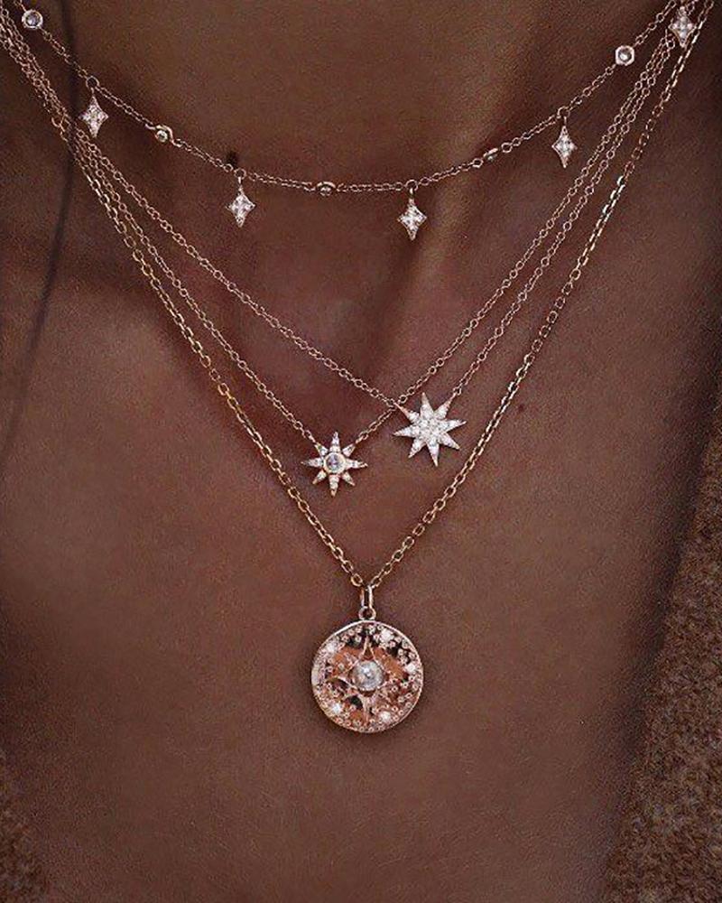 

Star Pattern Beaded Studded Layered Necklace, Gold