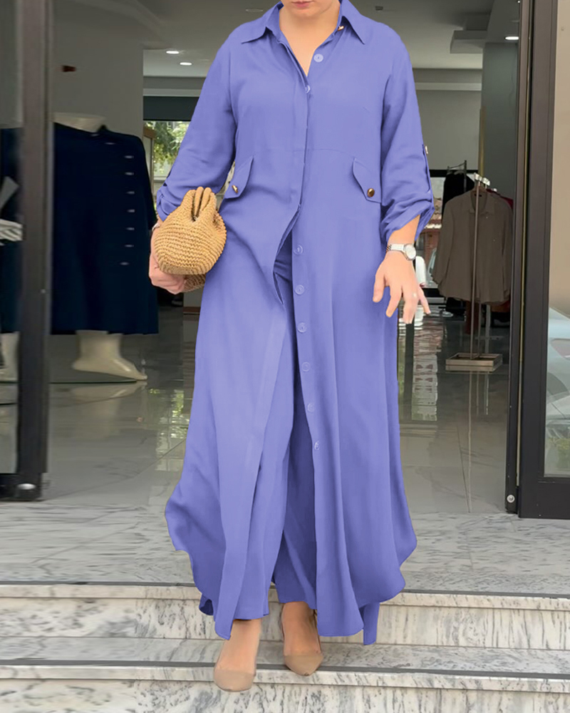 

2 Pieces Outfit Turn-down Collar Long Sleeve Longline Blouse with Pockets and Casual Elastic Waist Wide Leg Pants Set, Purple