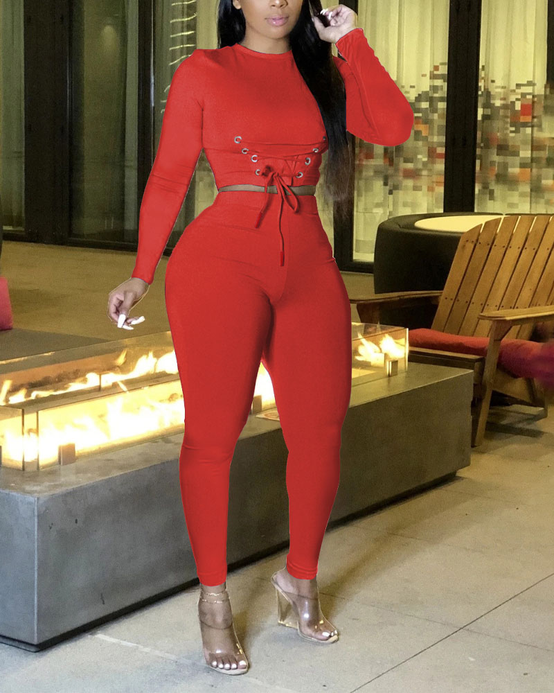 

Long Sleeve Grommet Eyelet Lace-Up Crop Top & Pants Set, Red