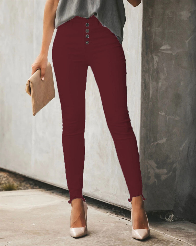 

Button Fly Raw Hem Skinny Pants, Red