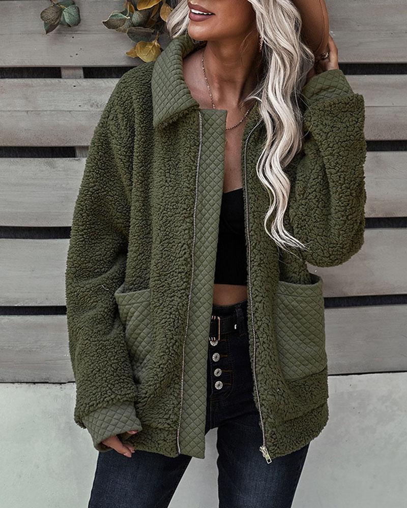 

Long Sleeve Pocket Detail Zip Up Teddy Coat, Green