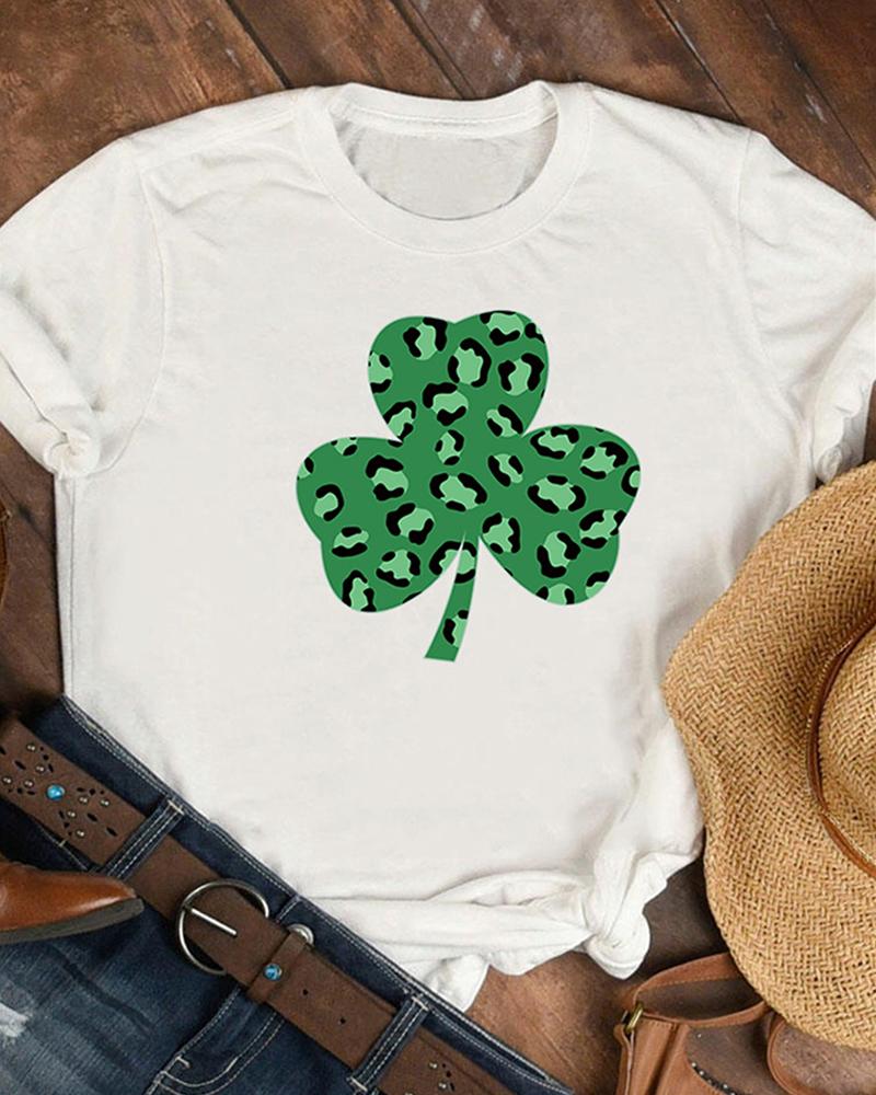 

St.Patrick' Day Clover Print Short Sleeve T-Shirt, White
