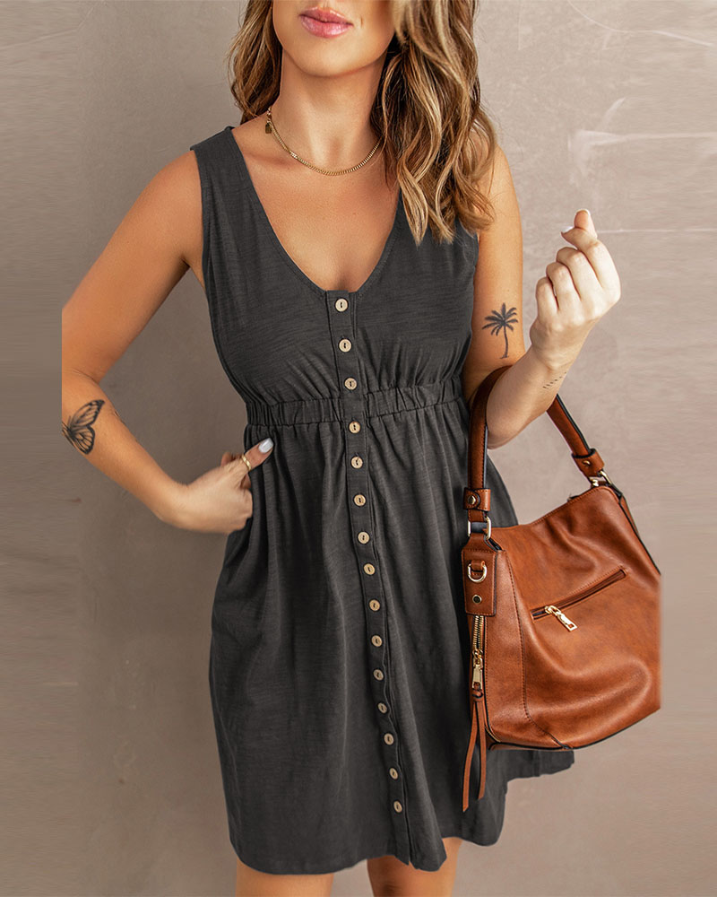 

Button Front Sleeveless V-Neck Casual Dress, Dark grey