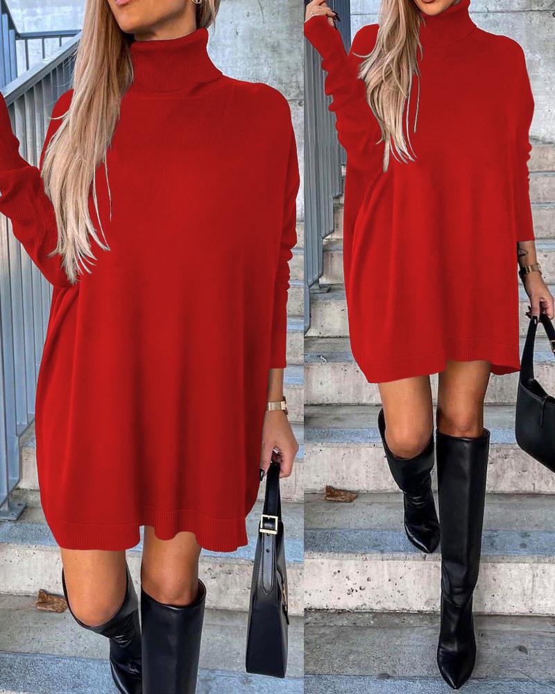 

High Neck Long Sleeve Knit Sweater Dress, Red