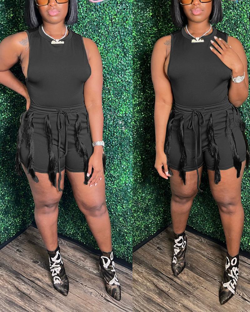 

Casual Tank Top & Tassel Decor Drawstring Shorts Set, Black