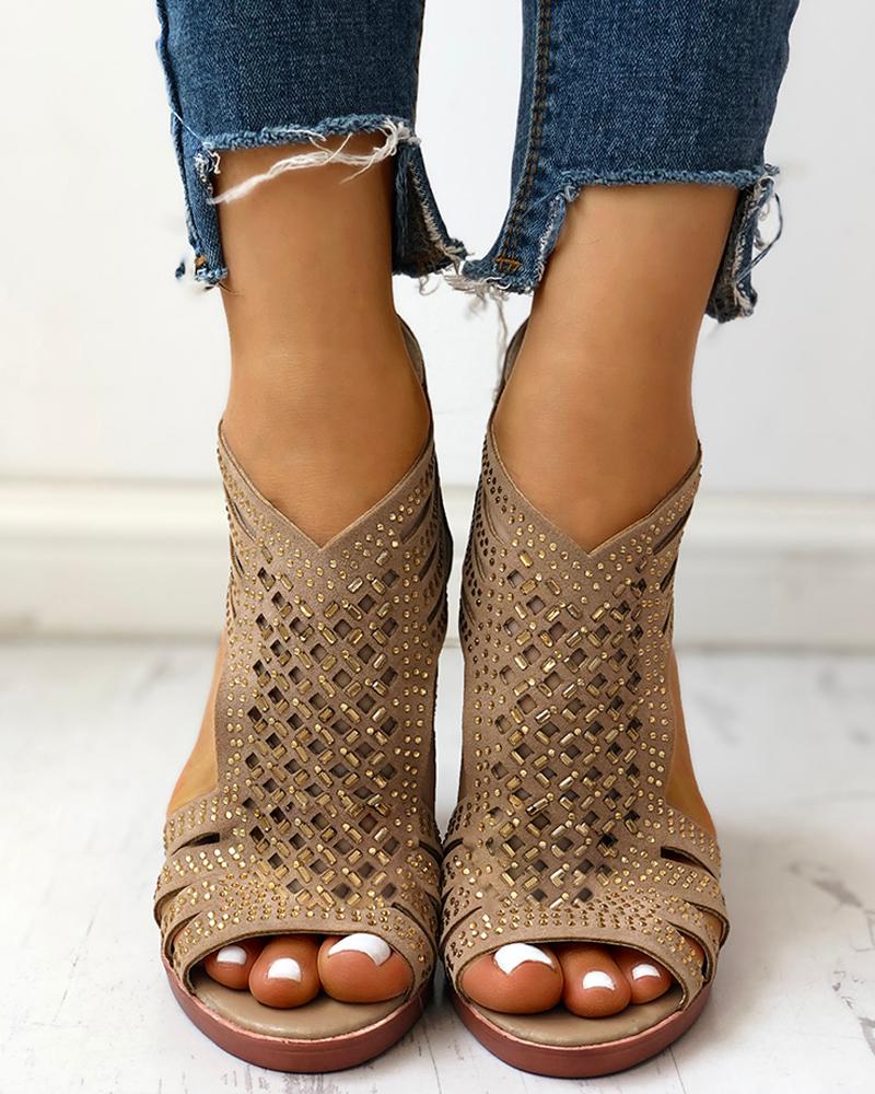 

Studded Hollow Out Chunky Sandals, Gold