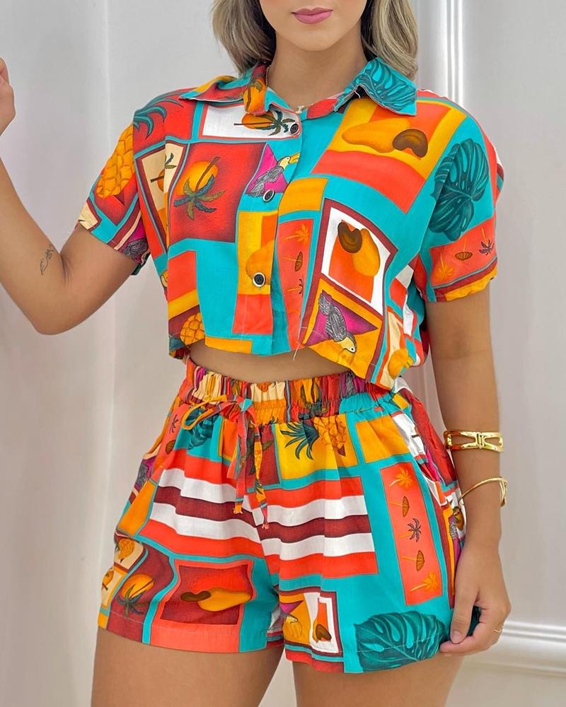

All Over Print Short Sleeve Top & Drawstring Shorts Set, Multicolor