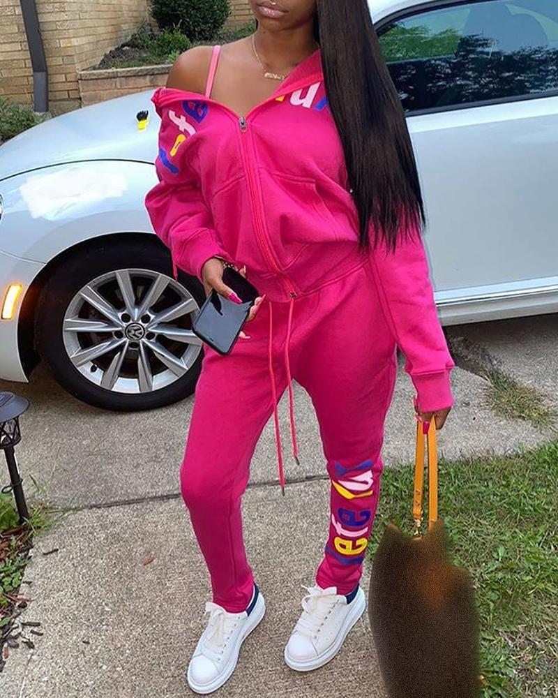 

Letter Print Zipper Design Top & Drawstring Pants Set, Hot pink