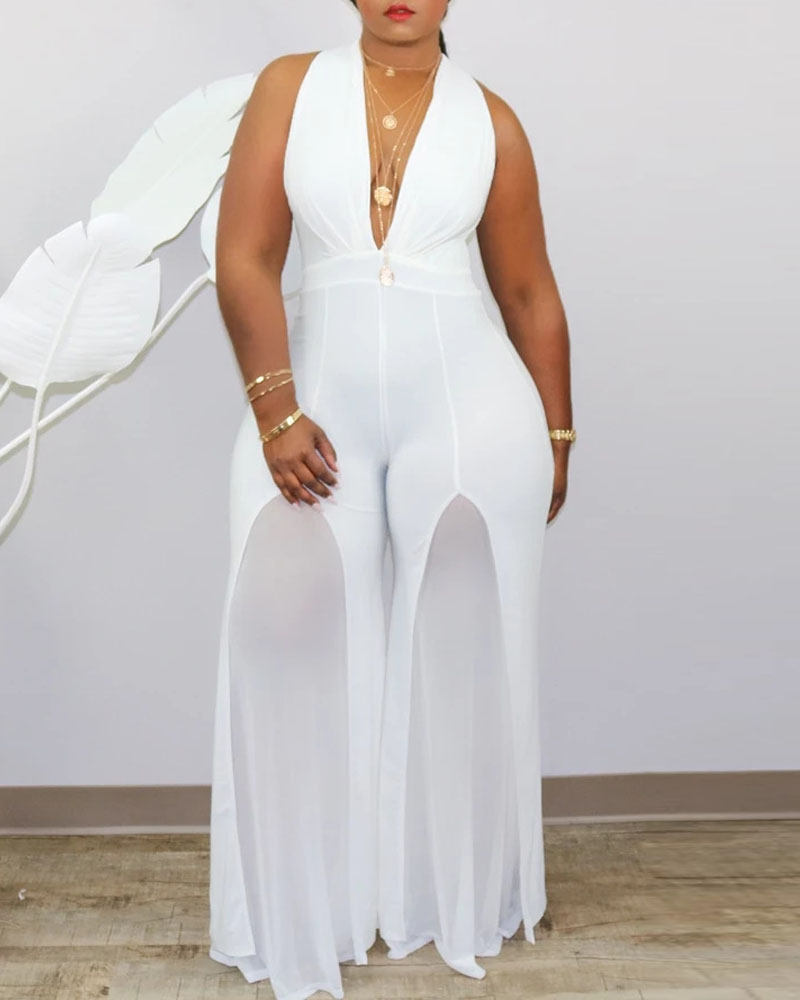 

Plus Size Deep V-Neck Contrast Mesh Wide Leg Jumpsuit, White