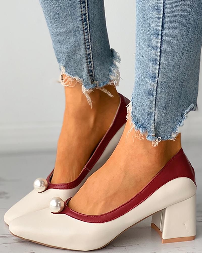 

Colorblock Beaded Decor Square Toe Chunky Heels, Wine red