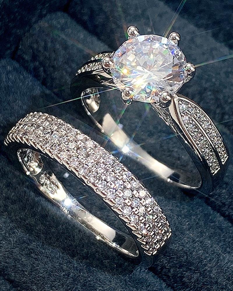 2pcs Geometric Rhinestone Round Cut Zircon Wedding Couple Rings Set