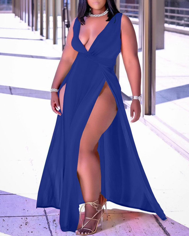 

Plus Size Deep V-Neck Sleeveless High Slit Maxi Dress, Blue