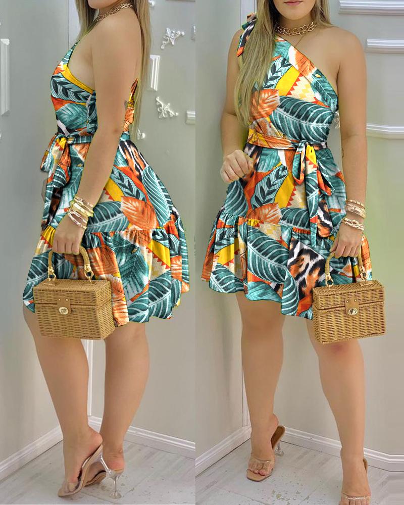 Tropical Print One Shoulder Tied Detail Belted Casual Dress