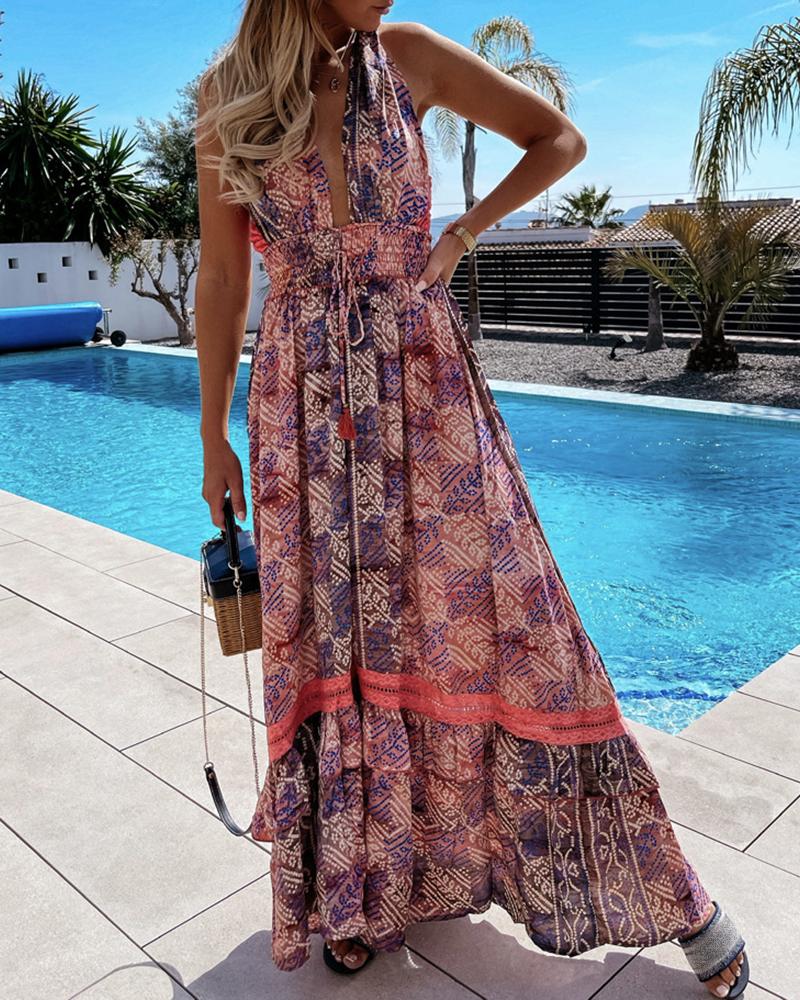 

Retro Print Colorblock Plunge Sleeveless Maxi Dress, Red