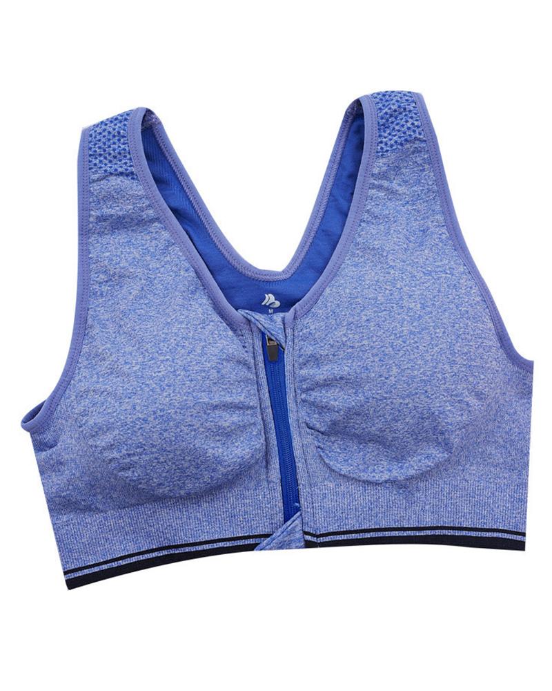 

Breathable Supportive Sports Bra Contrast Binding Front Zipper Active Top, Blue