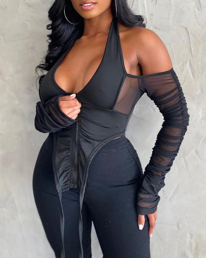 

Cold Shoulder Sheer Mesh Zip Back Top, Black