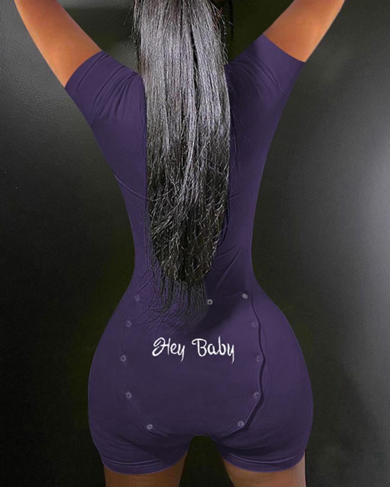

Letter Embroidery Short Sleeve Flap Pajamas Romper, Purple