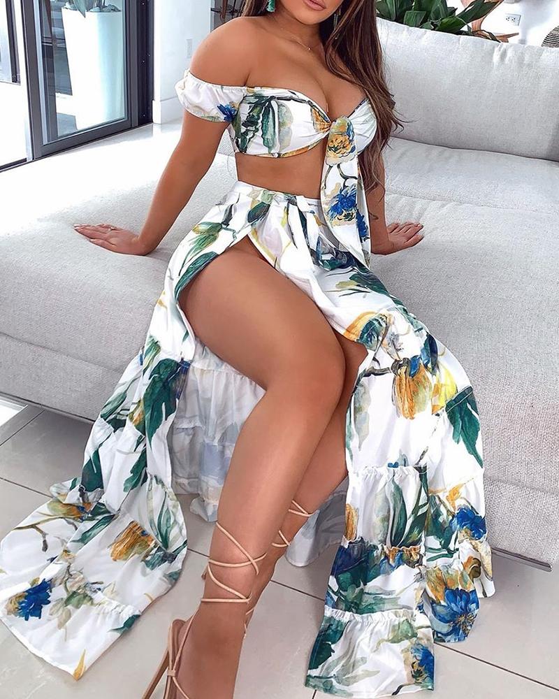 

Off Shoulder Crop Top & High Slit Skirt Sets, White