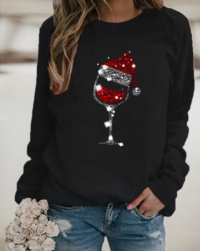 

Christmas Wine Glasses Hat Print Long Sleeve Sweatshirt, Black