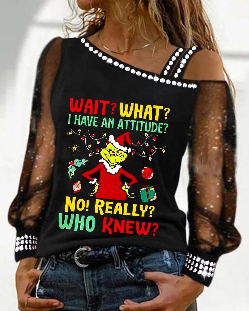 

Christmas Grinch Letter Print Sheer Mesh Studded Top, Black