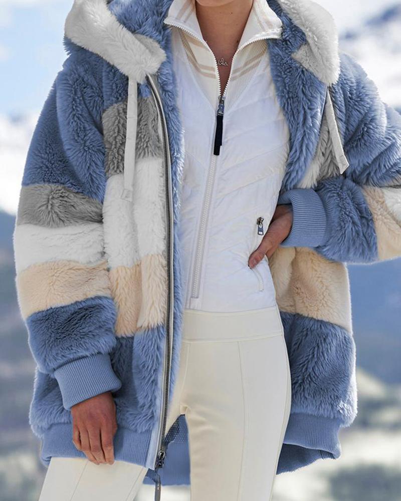 

Colorblock Long Sleeve Hooded Teddy Coat, Blue