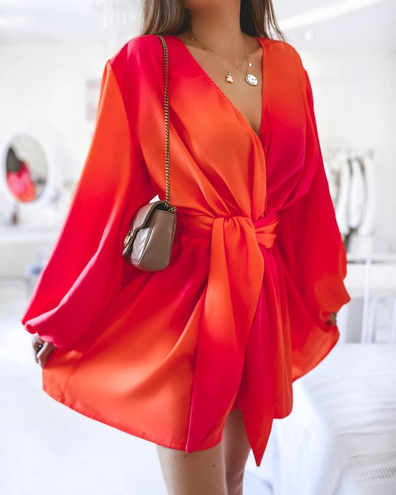 

Ombre V-Neck Lantern Sleeve Belted Casual Dress, Orange