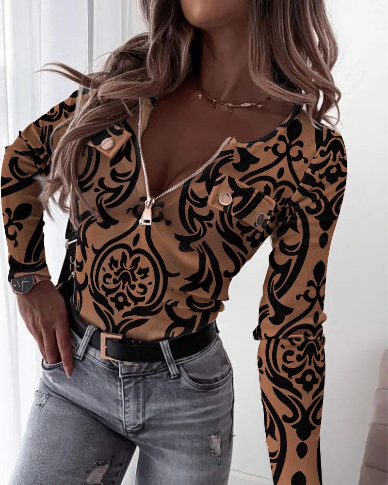 

Tribal Print Zip Front Long Sleeve Top, Brown