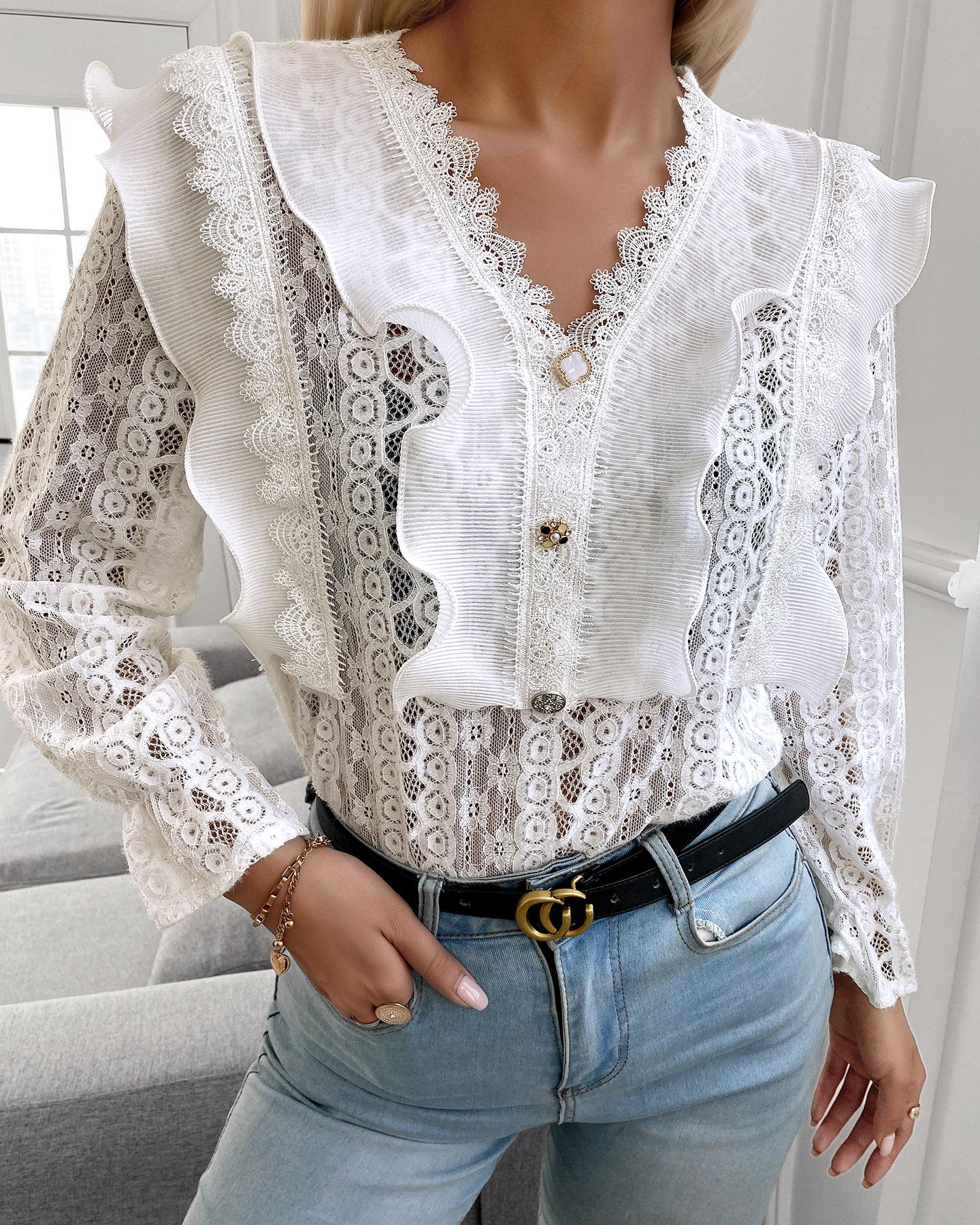 

Ruffle Hem Plain Lace Edge Long Sleeve Top, White