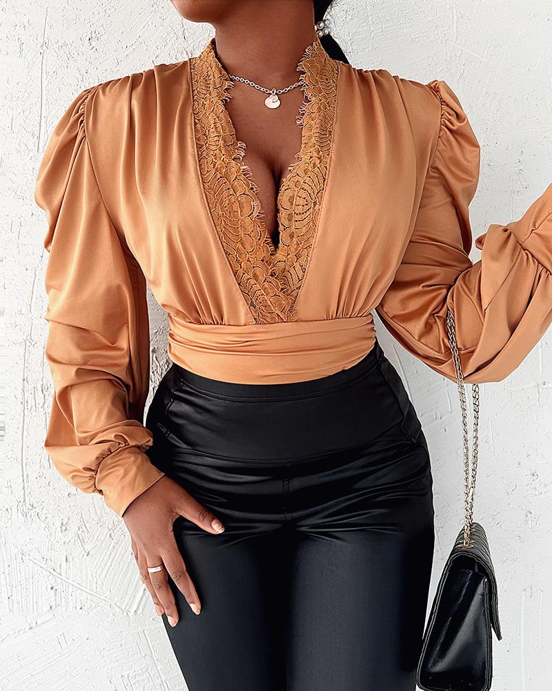 

Lace Trim Puff Lantern Sleeve Top, Orange