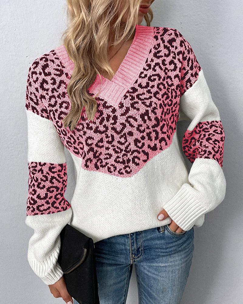 

Leopard Pattern Colorblock V-Neck Knit Sweater, Pink