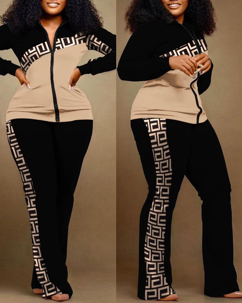 

Plus Size Geometric Print Colorblock Zip Up Top & Pants Set, Khaki