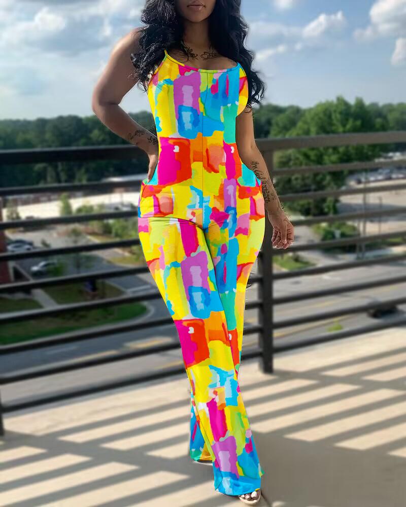 

Tie Dye Print U-Neck Spaghetti Strap Jumpsuit, Multicolor