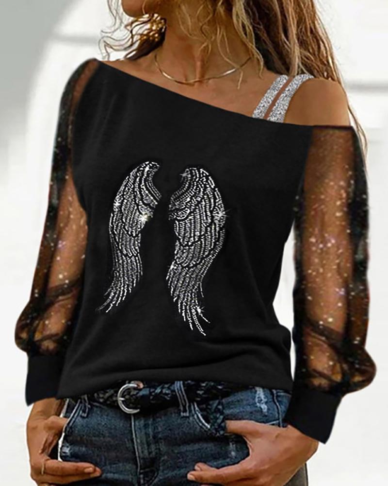 

Rhinestone Wings Pattern Contrast Mesh Cold Shoulder Top, Black