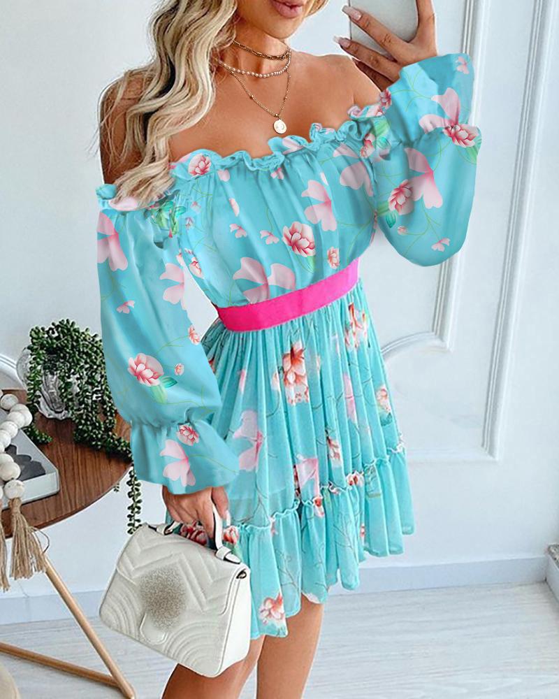 

Off Shoulder Floral Print Frill Hem Lantern Sleeve Ruched Dress, Multicolor