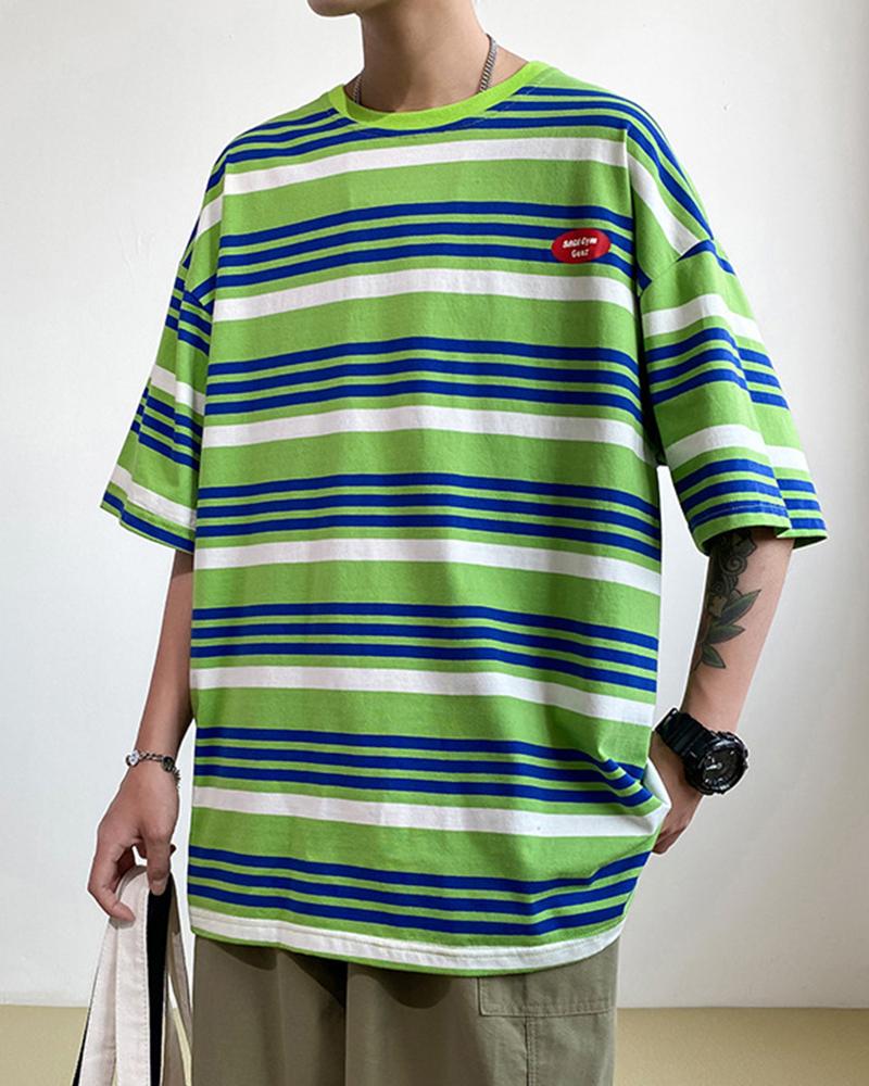 

Multicolor Striped Splicing Label Short Sleeve Short Sleeve T-shirt, Green