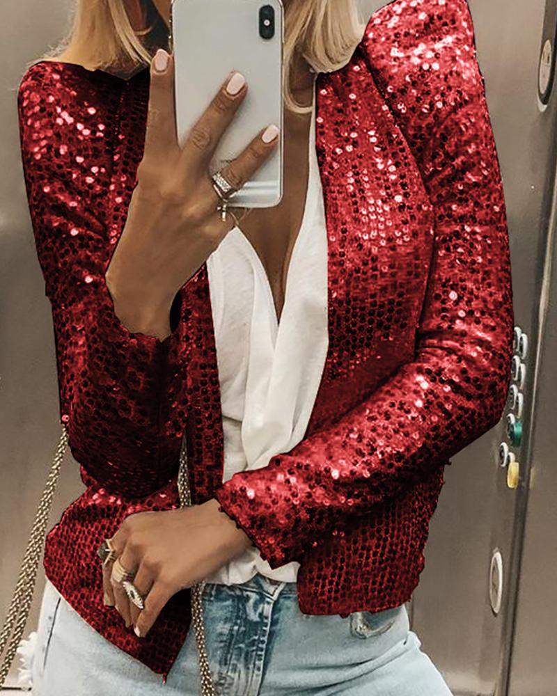 

Glitter Open Front Puff Sleeve Sequins Coat, Red