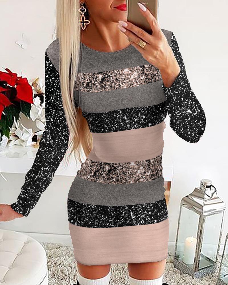 Colorblock Striped Print Long Sleeve Bodycon Dress