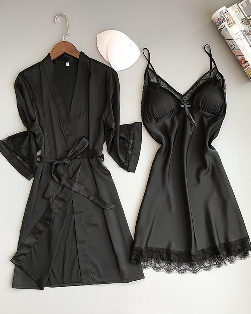 

Lace Patch Satin Sleep Dress With Robe, Black