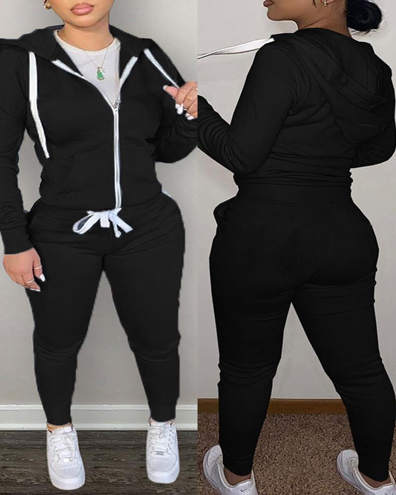 

Plus Size Long Sleeve Hooded Zip Up Top & Pants Set, Black