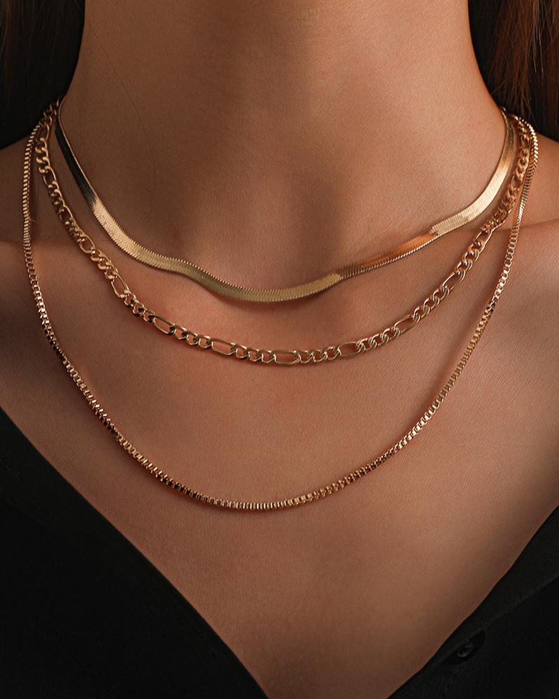 

3pcs Herringbone Multi-Layered Necklaces Set, Gold