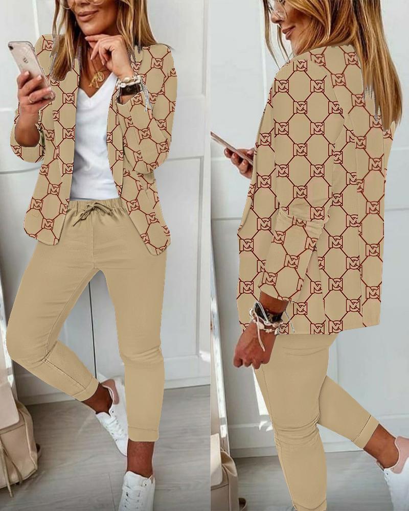 

ChicMe Letter Print Long Sleeve Blazer & Pants Set, Khaki